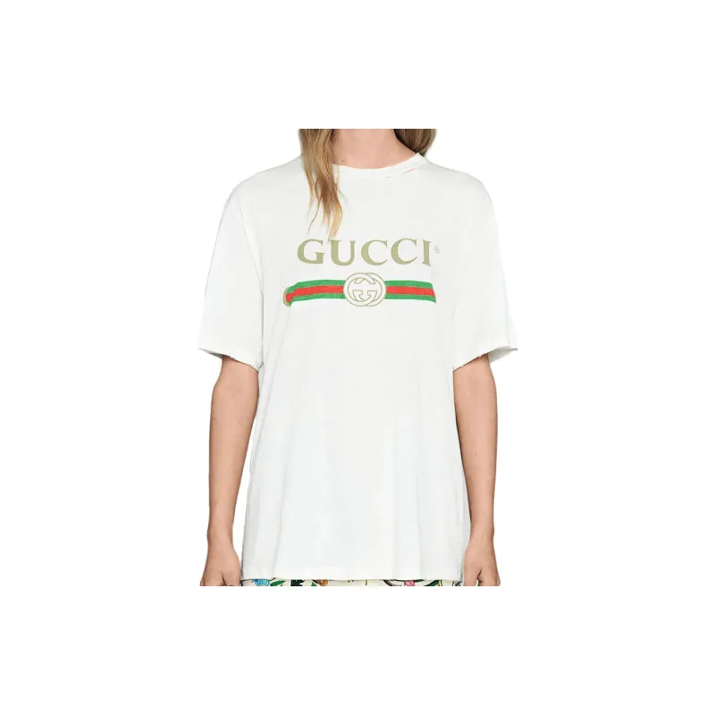 GUCCI Logo Washed Print T shirt White-2