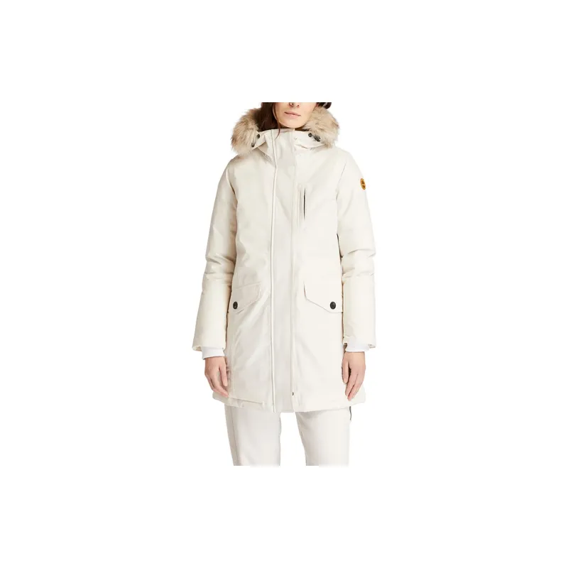 Timberland Letter Hooded Mid Length Puffer Jacket Women's White Sand-3