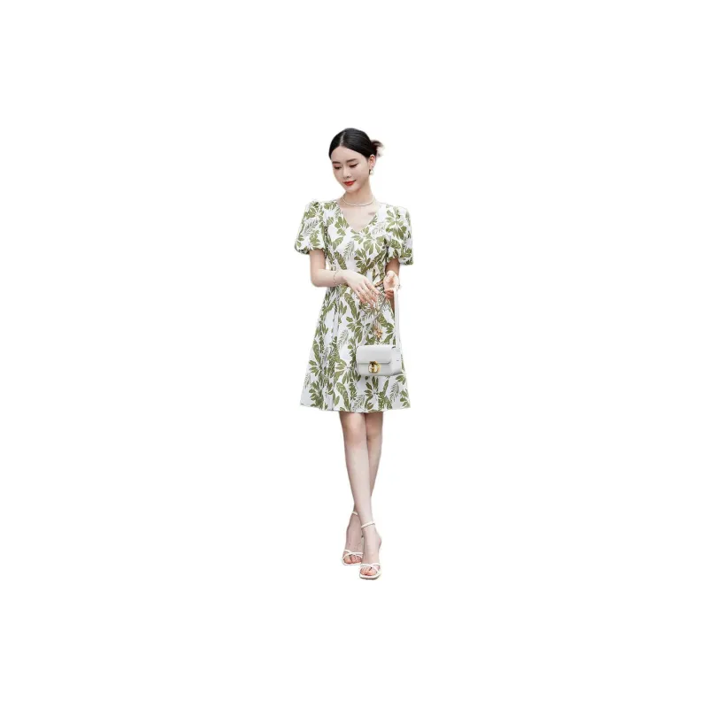 Hang Yi Court Short Sleeved Dress Women's Beige With Green Print-2
