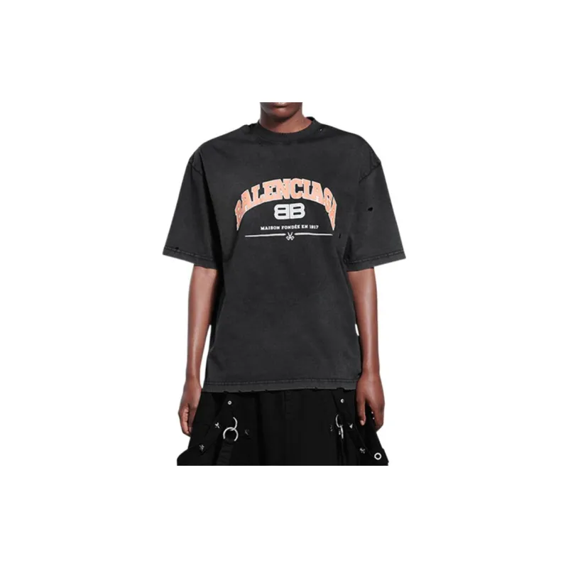 Balenciaga Women'ss Maison Balenciaga Medium Fit T Shirt Black/Orange/White-3
