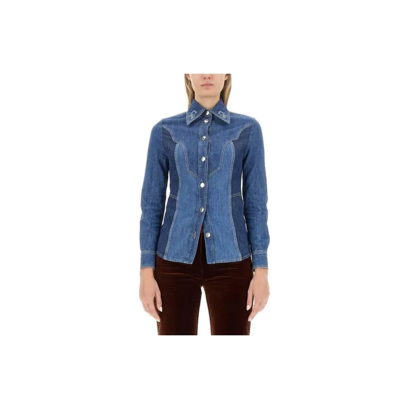 ETRO Floral Embroidered Button Up Denim Shirt-1