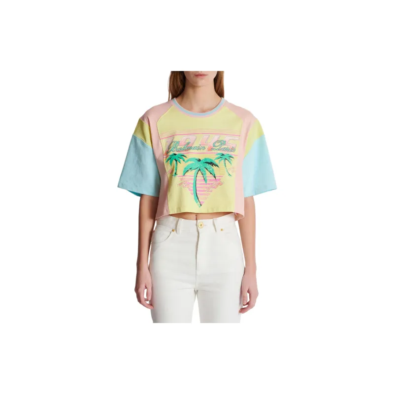 BALMAIN Palm Tree Printed Cropped T Shirt-1