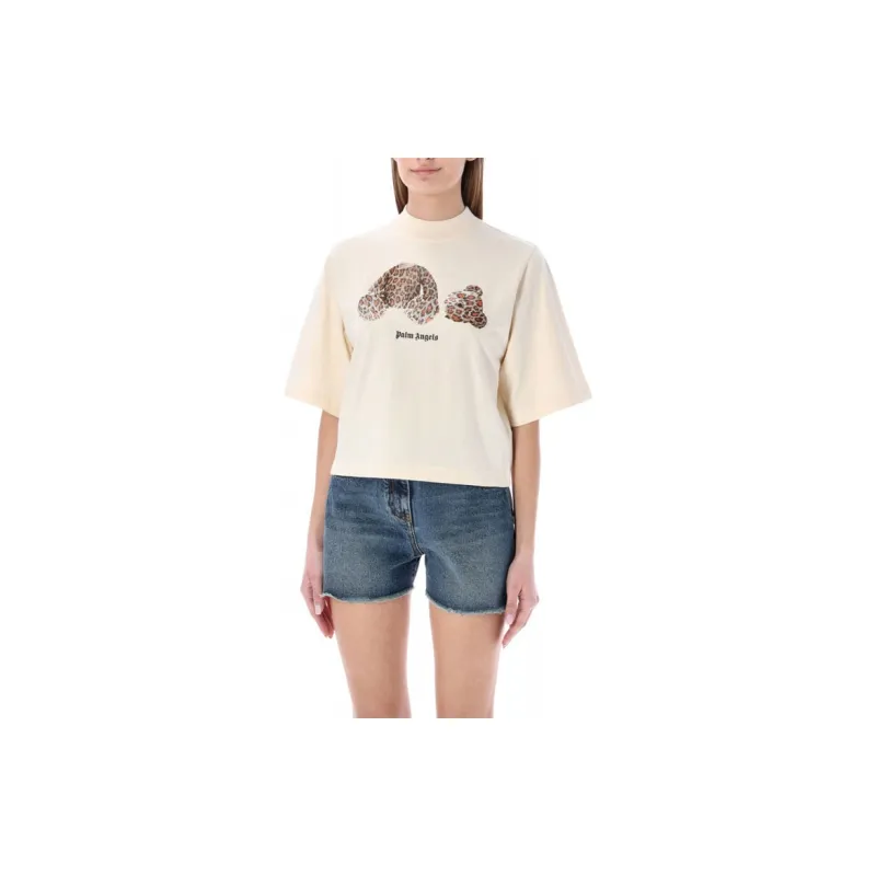 PALM ANGELS Women'ss Leopard Bear Cropped T Shirt Off White/Brown-2
