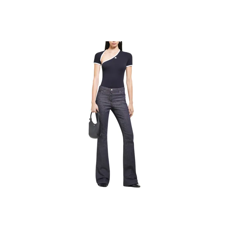COURREGES Slash Asymmetric Neck Contrast Trim T-Shirt-1