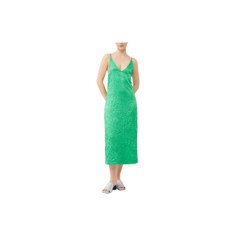 GANNI Crinkled Satin Slip Dress 'Green'-2