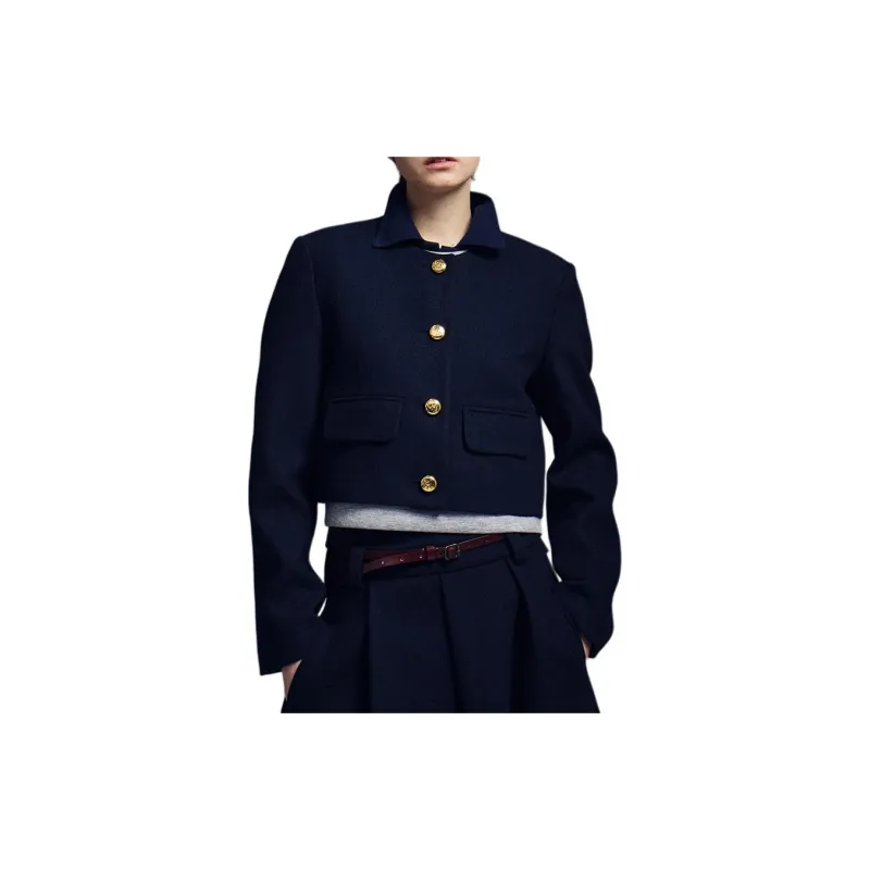 MARDI MERCREDI FW24 WOOL CROPPED JACKET ROUND NECK NAVY Jackets Coats Women's Marine Blue-3