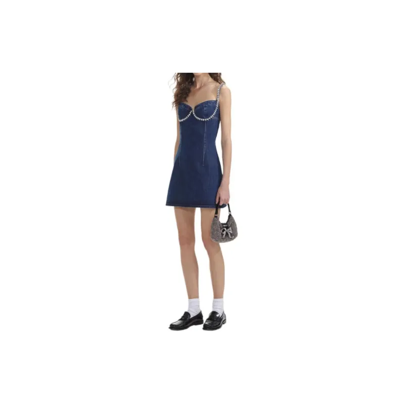 Self portrait Embellished Denim Flared Mini Dress-0