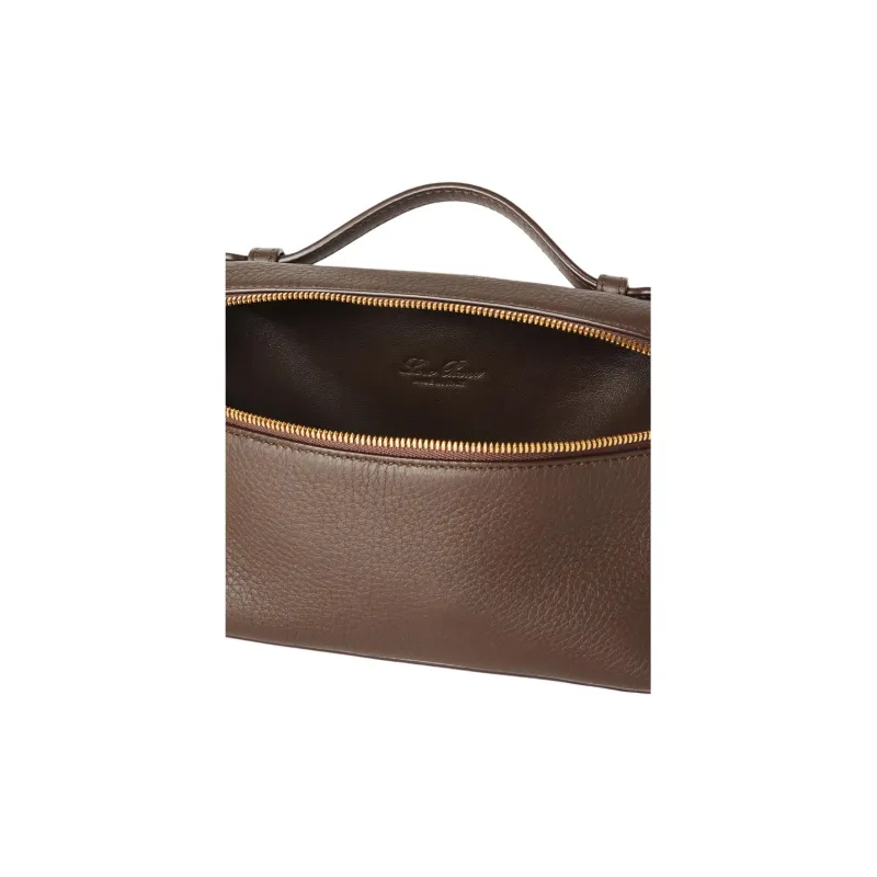 Loro Piana Cow Leather Shoulder Bag Crossbody Bag Handbag Women's Dark Licorice Chocolate With Sun Gold-2