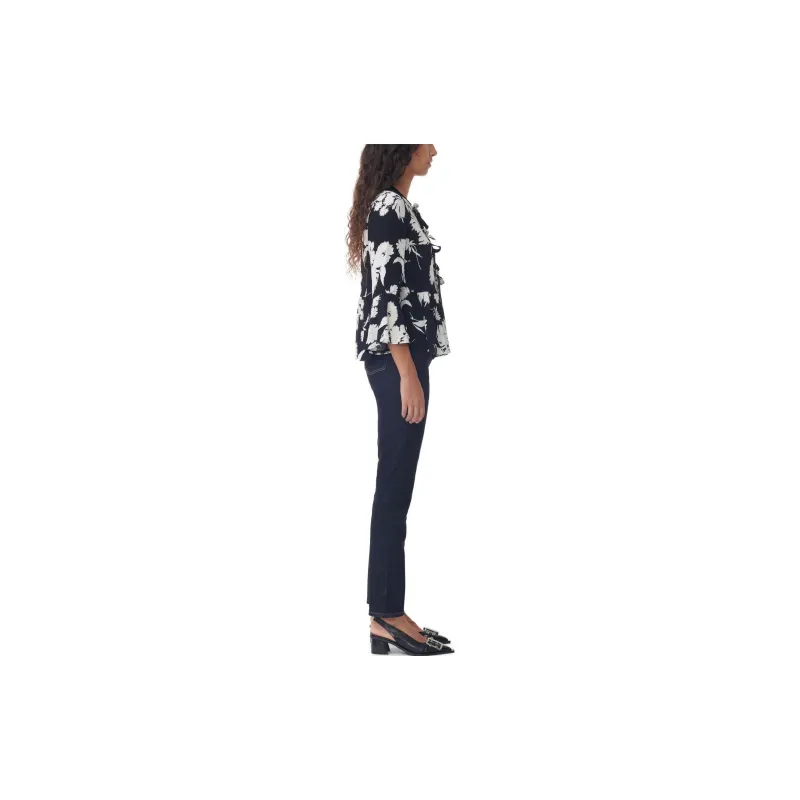 GANNI Printed Crepe Peplum Blouse Shirt Women's Black-4