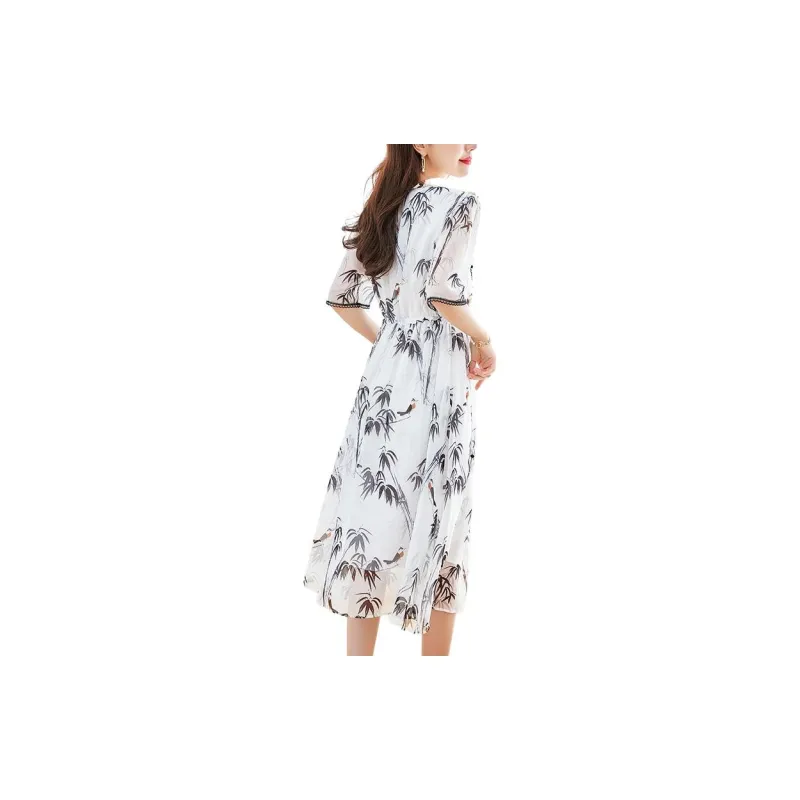 Yi Mengyuan Lace Up Silk Short Sleeved Dress Women's Multicolor-2