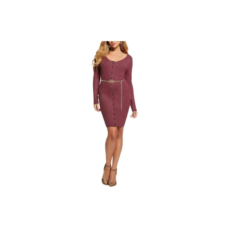 GUESS Long-Sleeved Dresses Women's Burgundy-1