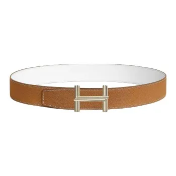 HERMES Metal Calfskin Brass Leather Belts Men's Brown/White Width: 3.8CM