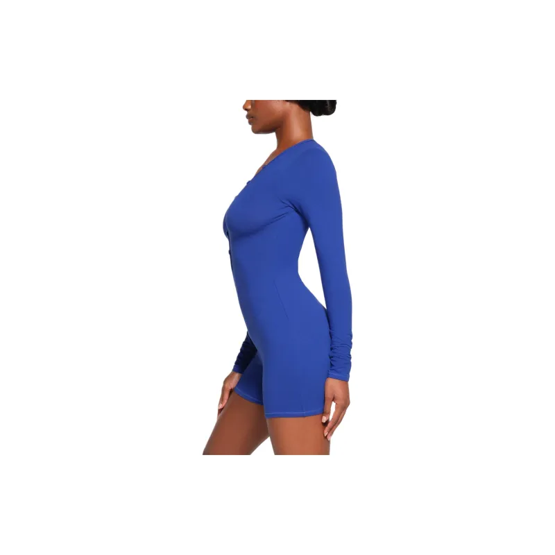 SKIMS COTTON JERSEY BUTTON UP HENLEY ONESIE Jumpsuit Women's COBALT/Cobalt Blue-3