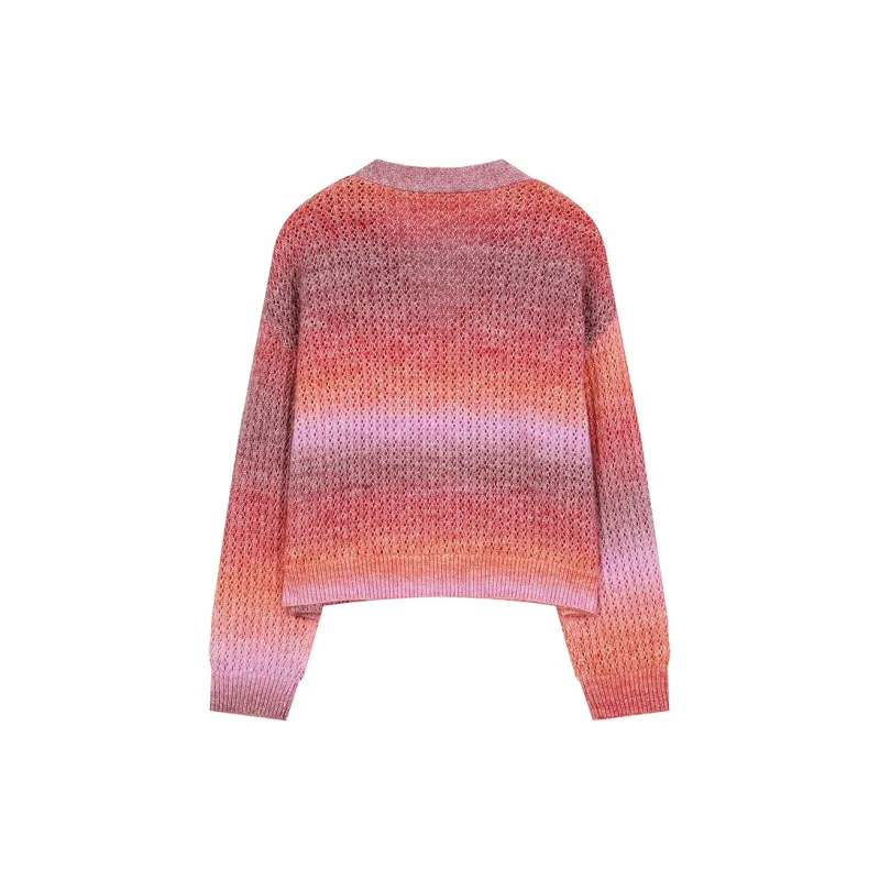 ELF SACK Effortless Style Multicolor Plush Gradient V Neck Sweater Cardigan Women's-1