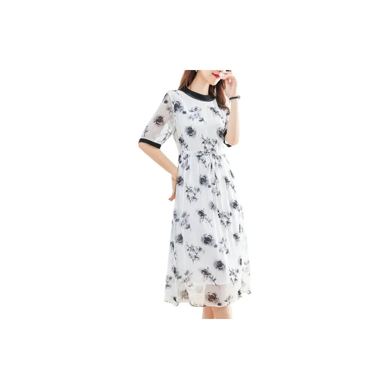 Yi Mengyuan Lace Up Silk Short Sleeved Dress Women's Multicolor-5