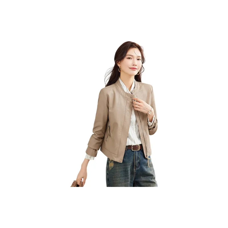 TERRE BLEUE Leather Jacket Women's Light Coffee-3