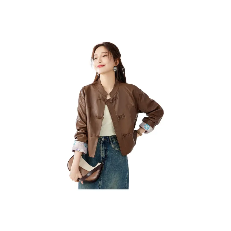 TERRE BLEUE Leather Jacket Women's Coffee-3