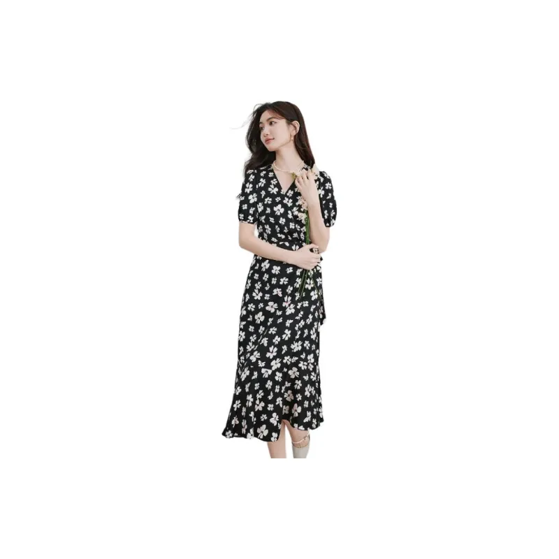 Hopeshow Short-Sleeved Dresses Women's Black Background With Flowers-3