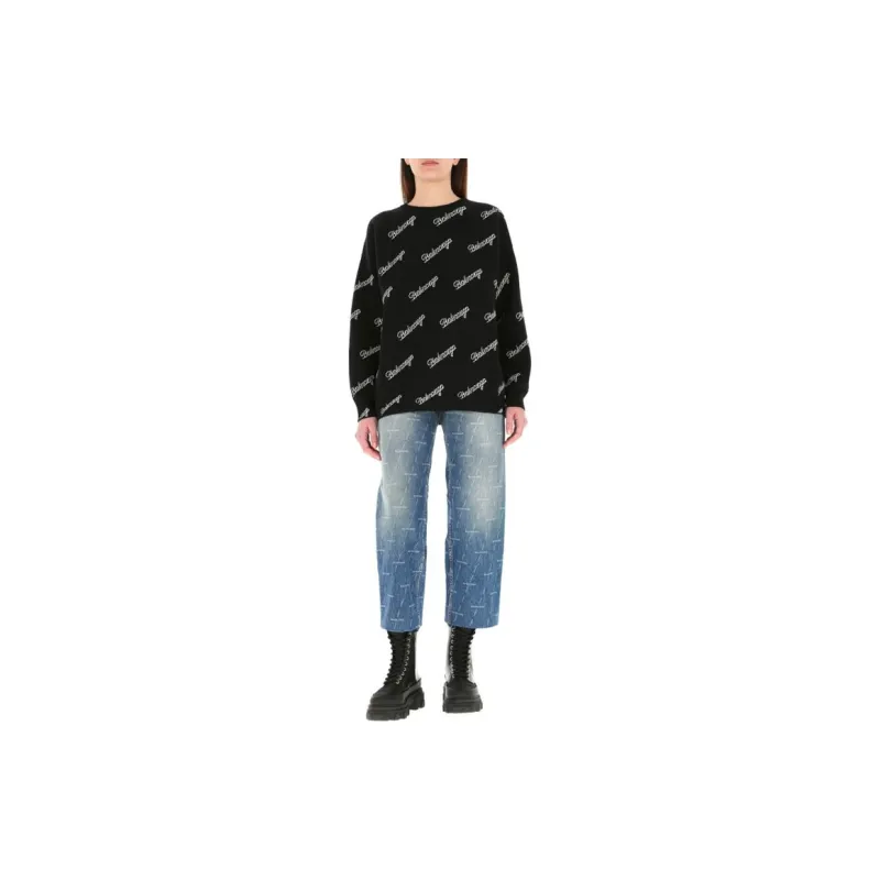 Balenciaga Script Logo Crewneck 'Black/White'-2