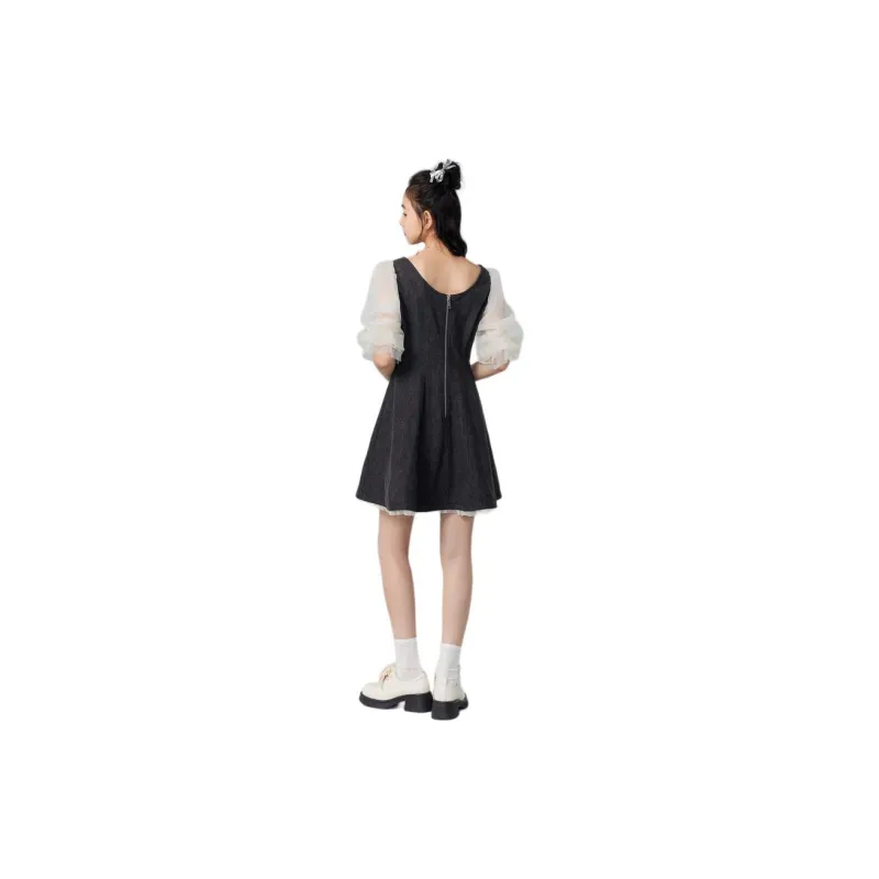 ZIHAN Short Sleeved Dress Women's Denim Black-1