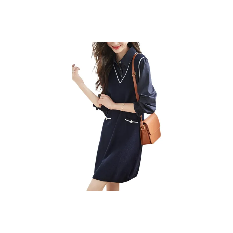 Mo Han Yi Mei Long Sleeved Dress Women's Navy Blue-1