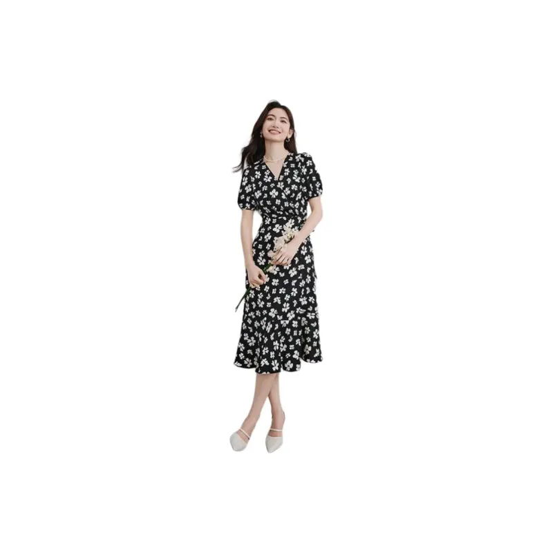 Hopeshow Short-Sleeved Dresses Women's Black Background With Flowers-4