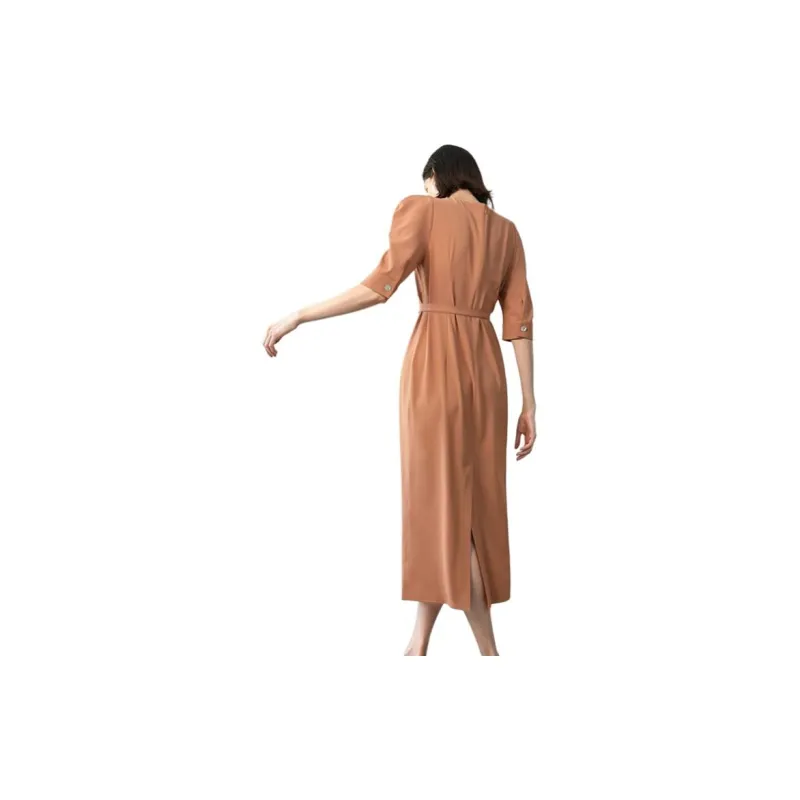 Roselingling Short Sleeved Dress Women's Red Tea Brown-1
