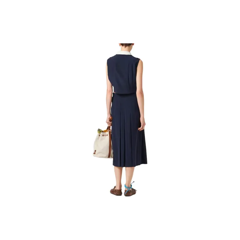 MIU MIU Pleated Marocain Top Crop Top Women's Marine Blue-2