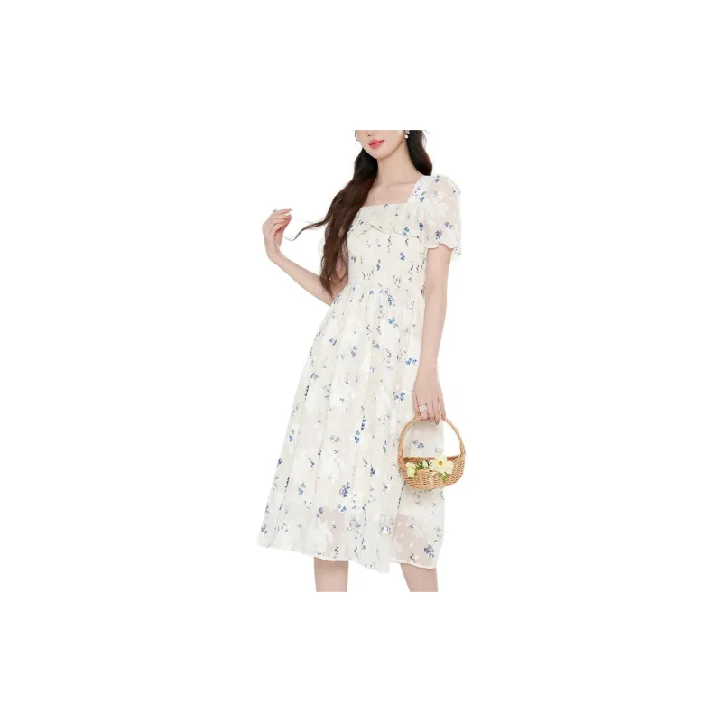 Emodues Short Sleeved Dress Women's Apricot Blue Floral-2