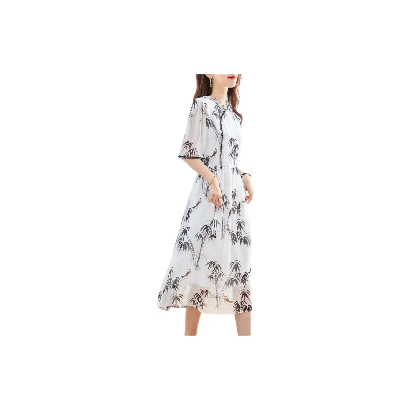 Yi Mengyuan Lace Up Silk Short Sleeved Dress Women's Multicolor-3