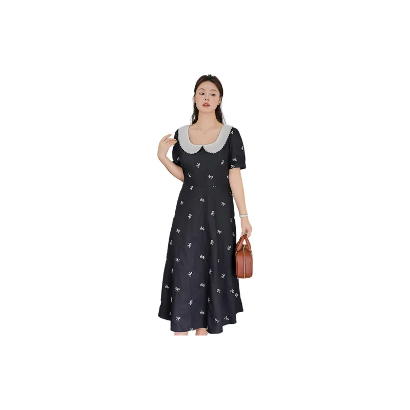 DAMABAIFENBAI Short Sleeved Dress For A Curvy Figure Women's Black-2