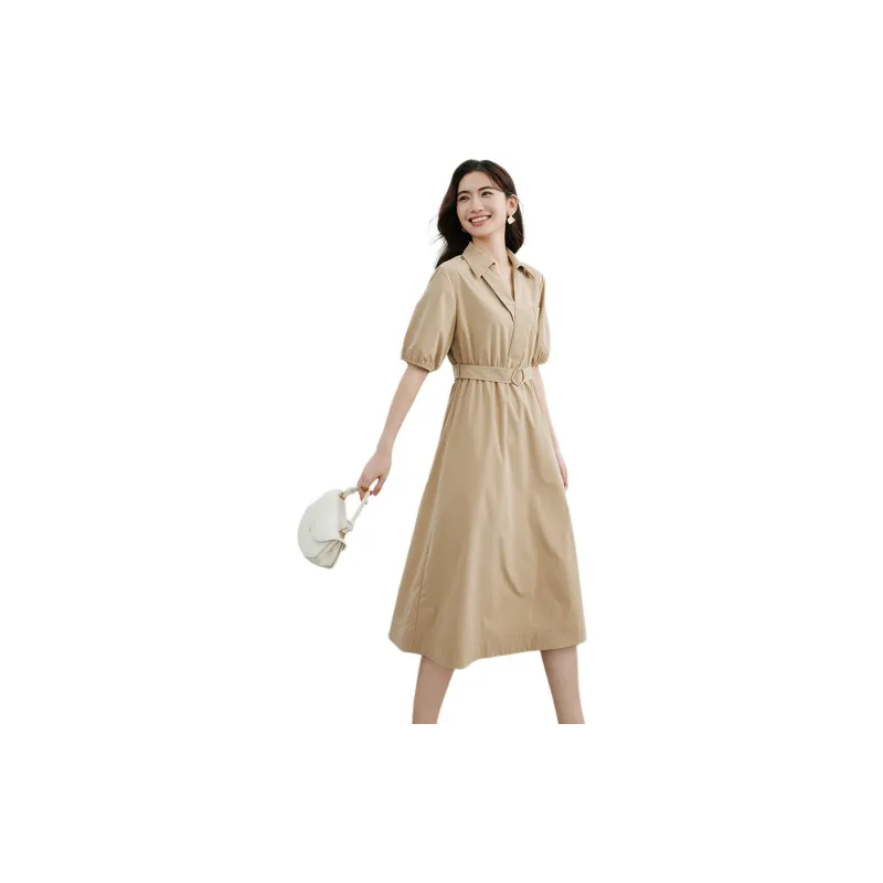 Hopeshow Short Sleeved Dress Women's Milk Coffee-2
