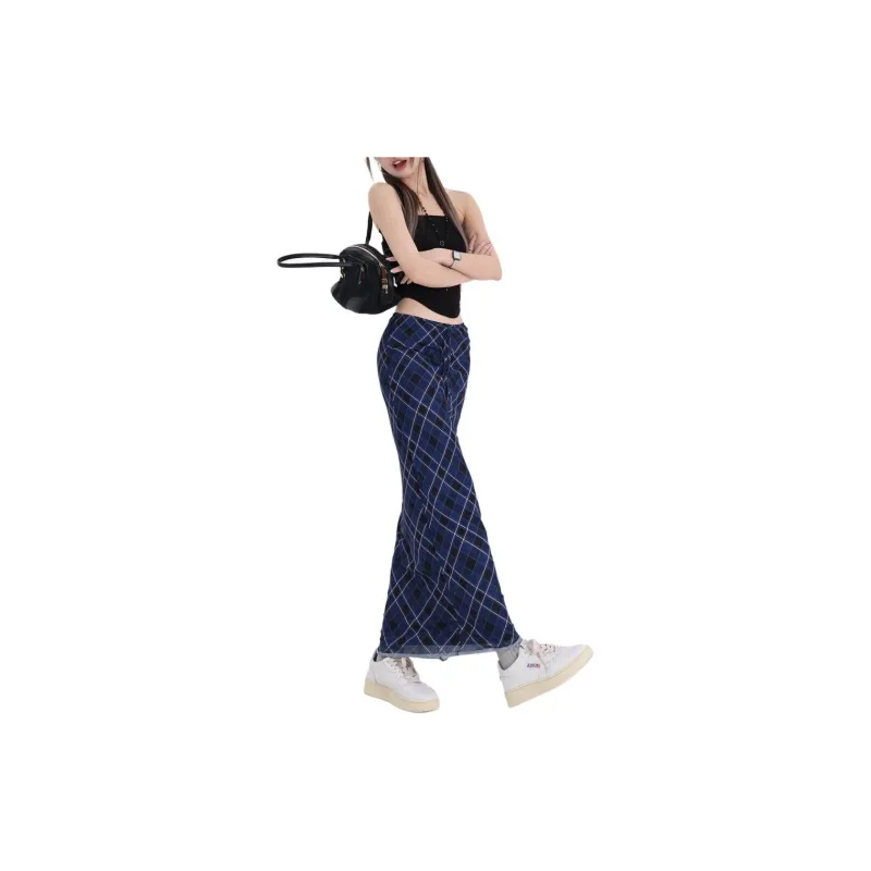ZAVK Casual Long Skirts Women's Dark Blue Plaid-3