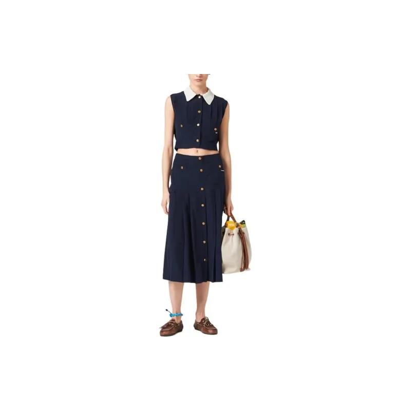 MIU MIU Pleated Marocain Top Crop Top Women's Marine Blue-1