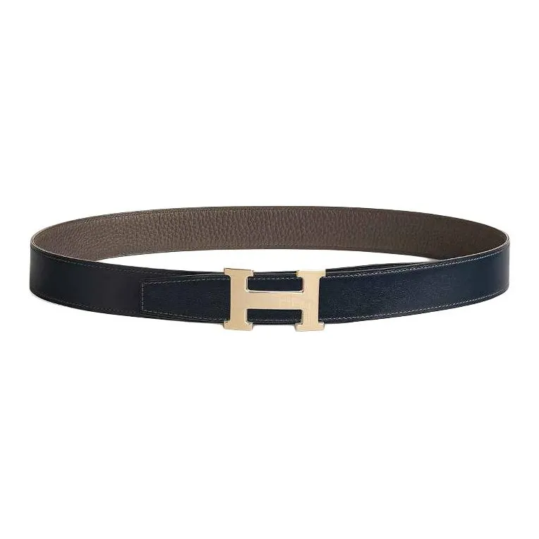 HERMES Calfskin Leather Belts Unisex Black/Light Gray Brown Width: 3.2cm-1