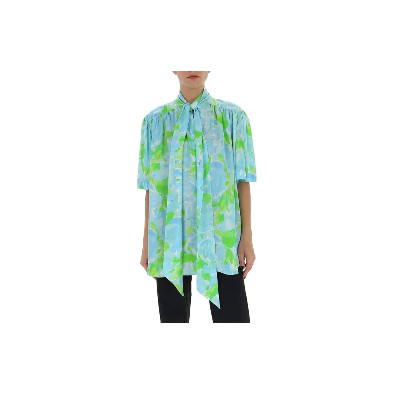 Balenciaga Short Sleeve Scarf Blouse 'Blue/Green'-2
