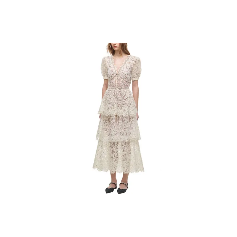 Self portrait Short Sleeved Dress Women's Ivory White-1
