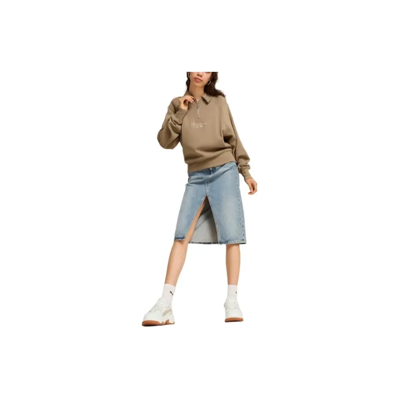 PUMA CLASSICS+ CLASSICS+ Half Zip Polo Crew Women's Polo Shirt Women's Light Brown-3