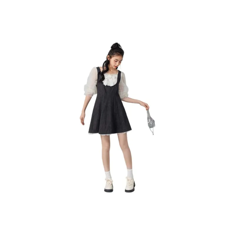 ZIHAN Short Sleeved Dress Women's Denim Black-3