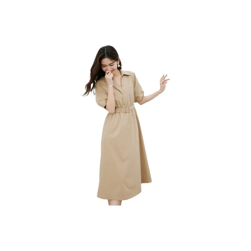 Hopeshow Short Sleeved Dress Women's Milk Coffee-3