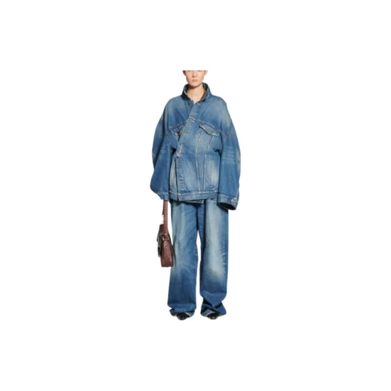 Balenciaga Women's Vintage Denim Oversized Twisted Sleeve Jacket Blue-2