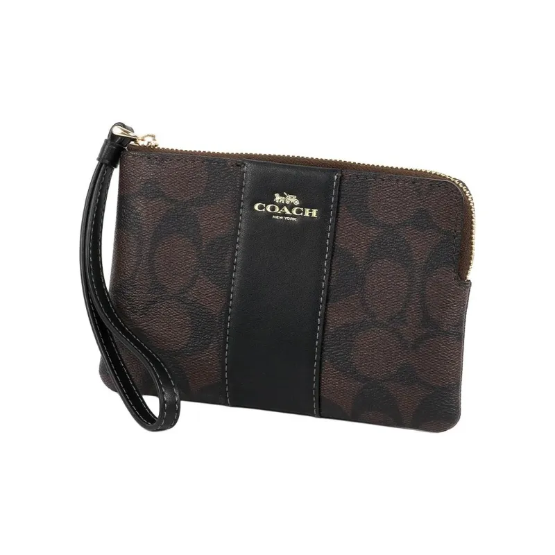 COACH Corner Zip Coated Canvas With Recycled Leather Clutch Small Size Women's Brown Black-1