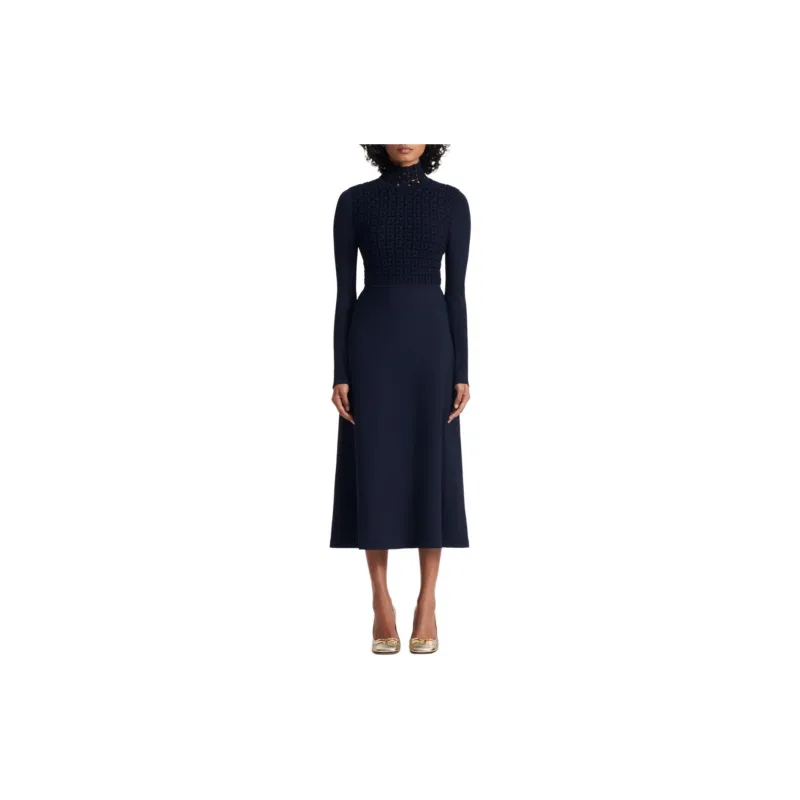SCANLAN THEODORE Crepe Knit Daisy Dress Long-Sleeved Dresses Women's Navy/Marine Blue-1