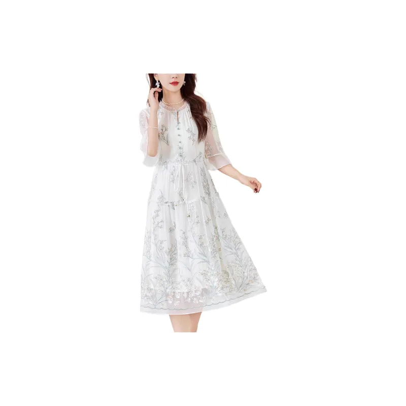 Yi Mengyuan Lace Up Silk Long Sleeved Dress Women's Green-1
