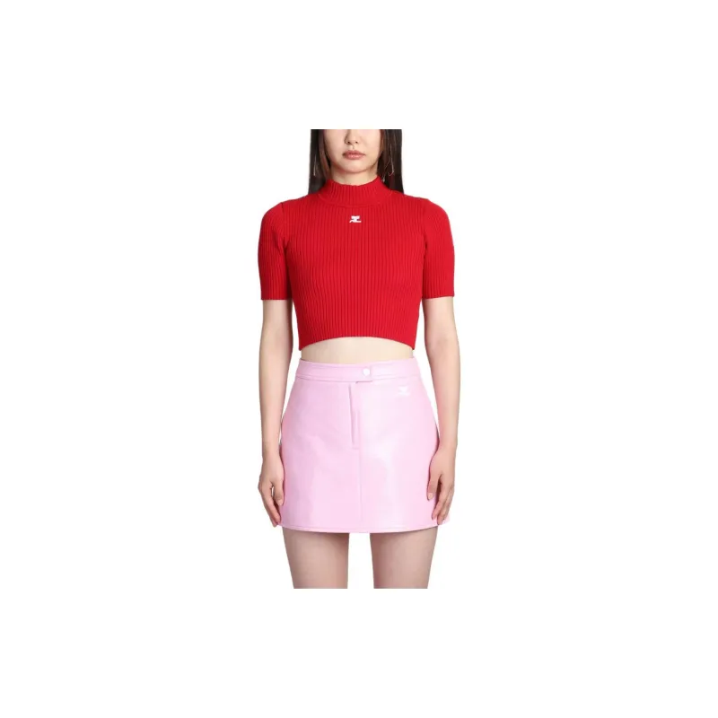 Courrèges Shoulder Snaps Rib Knit Crop Sweater 'Groseille Fonce'-1