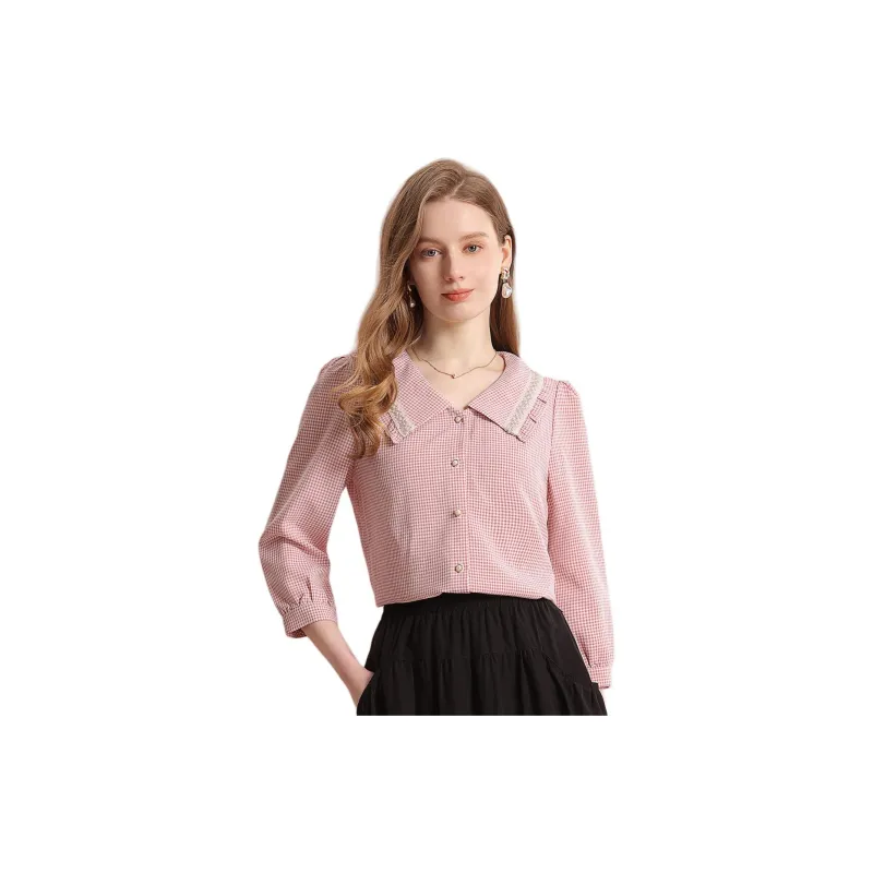 FENHONGMALI Shirt Women's Pink White Plaid-2