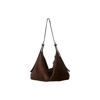 Qiuzhen Vegetable-Tanned Matte Cow Leather Paired Earrings Hobo Nubuck Shoulder Bag Large Size Unisex Coffee/Black