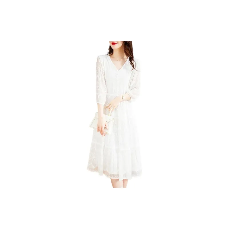 Yi Mengyuan Silk Long Sleeved Dress Women's White-3