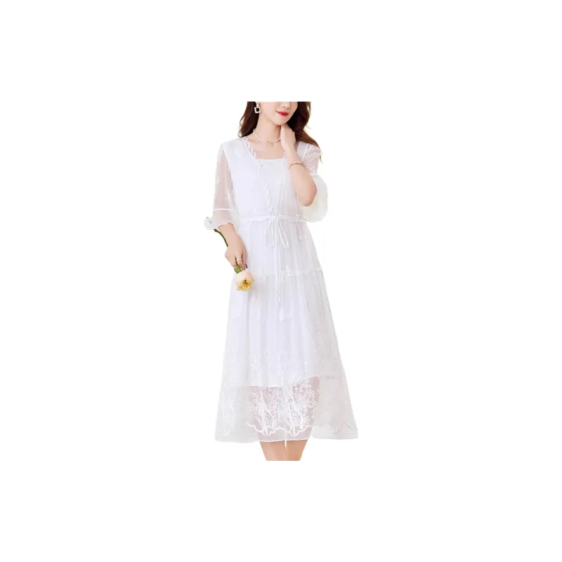 Yi Mengyuan Lace Up Silk Long Sleeved Dress Women's White-1