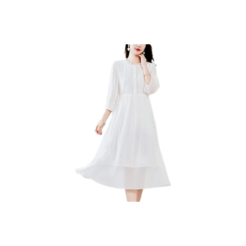 Yi Mengyuan Silk Long Sleeved Dress Women's White-2